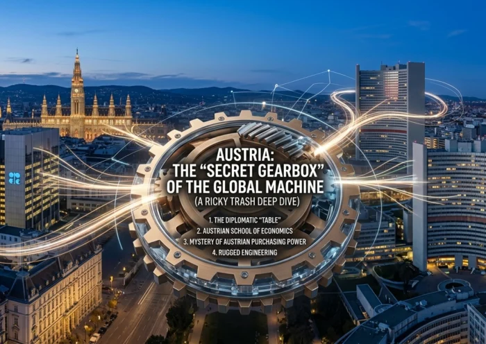 CGI gear mechanism overlaying Vienna skyline and UN headquarters, illustrating Austria as a global economic gearbox.