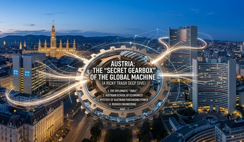 CGI gear mechanism overlaying Vienna skyline and UN headquarters, illustrating Austria as a global economic gearbox.