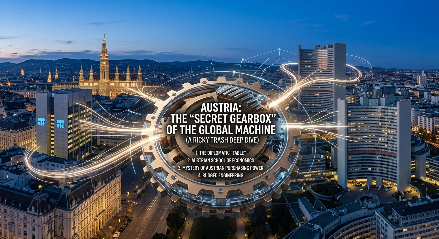CGI gear mechanism overlaying Vienna skyline and UN headquarters, illustrating Austria as a global economic gearbox.