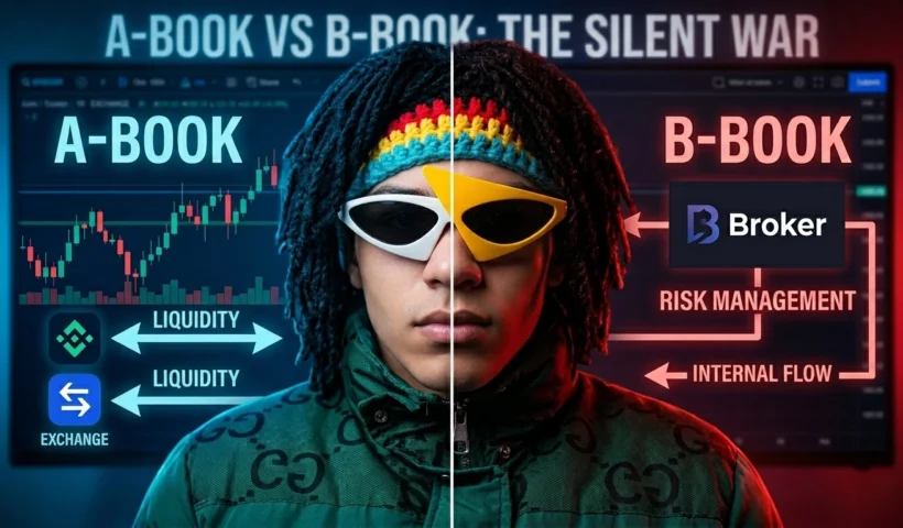 Infographic comparing A-Book (STP/ECN) and B-Book (Market Maker) broker models showing how trades are either sent to the interbank market or held internally.