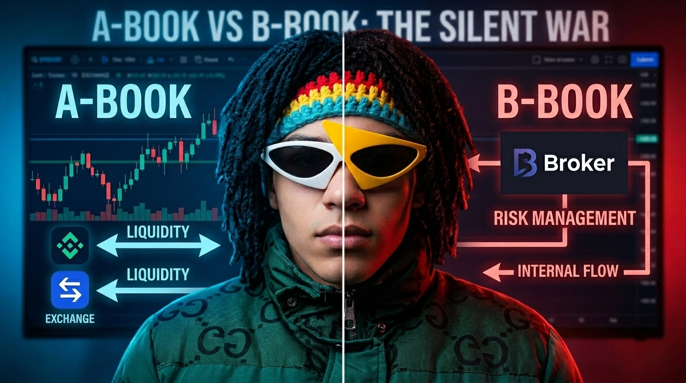 Infographic comparing A-Book (STP/ECN) and B-Book (Market Maker) broker models showing how trades are either sent to the interbank market or held internally.