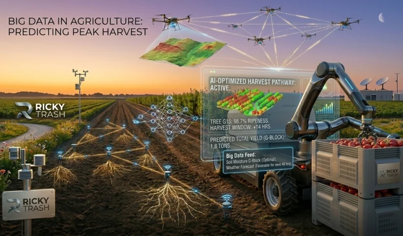 A high-tech smart farm at sunset featuring an AI-controlled robotic arm harvesting apples, a drone mapping crops, and digital holographic overlays showing 99% predictive harvest accuracy.