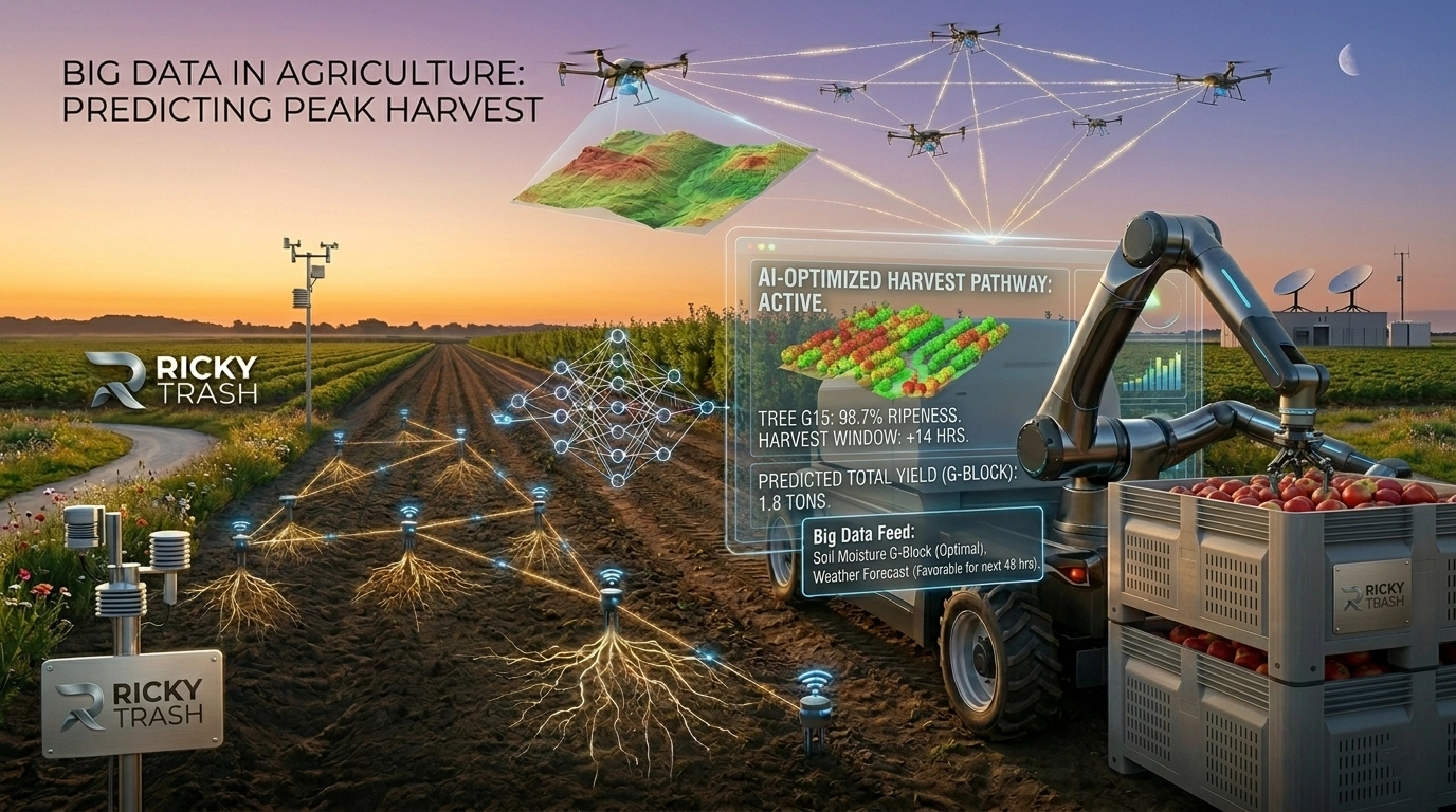 A high-tech smart farm at sunset featuring an AI-controlled robotic arm harvesting apples, a drone mapping crops, and digital holographic overlays showing 99% predictive harvest accuracy.
