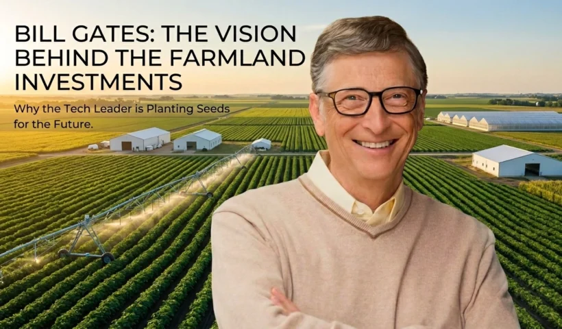 Digital visualization of modern farmland with a technology overlay, representing Bill Gates' strategic investment in American agriculture and the Capital Farming Blueprint.