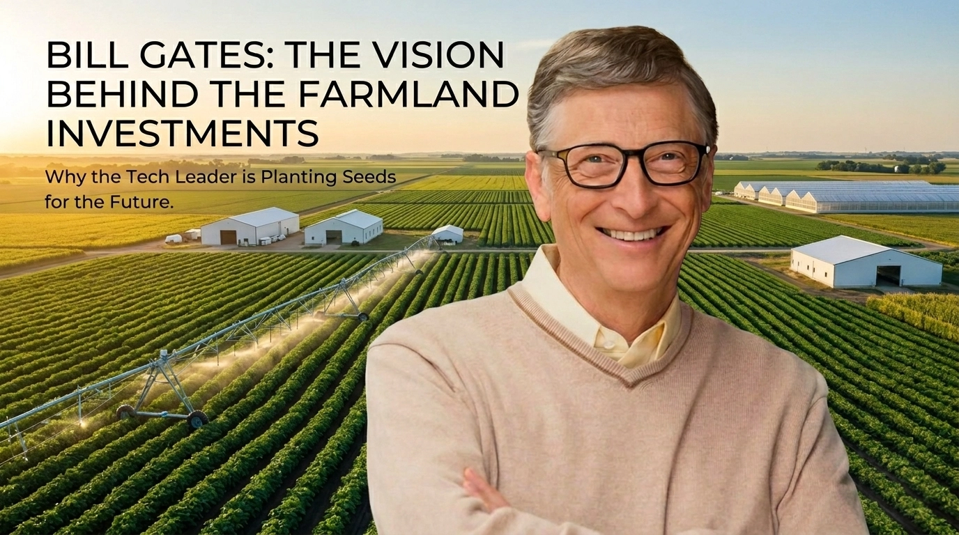 Digital visualization of modern farmland with a technology overlay, representing Bill Gates' strategic investment in American agriculture and the Capital Farming Blueprint.