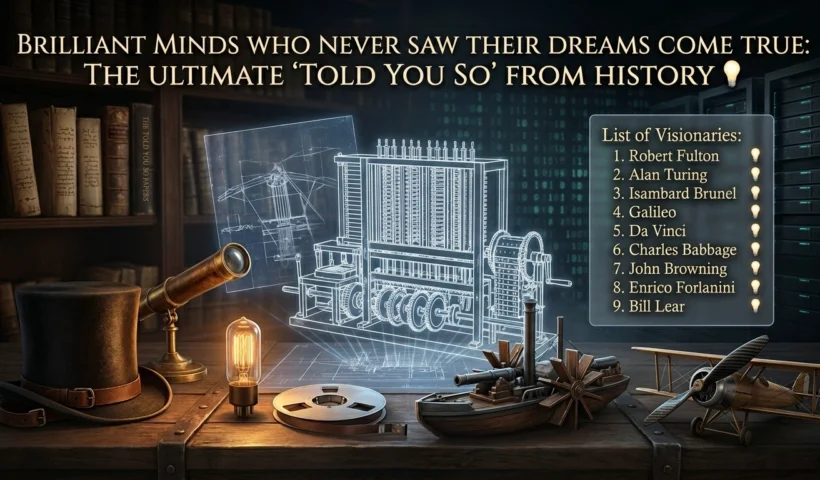 A cinematic wide-angle montage featuring a glowing 3D blueprint of Charles Babbage’s mechanical computer, surrounded by historical artifacts like a steam warship model, a Victorian top hat, a telescope, and a 1970s carbon fiber plane, set against a backdrop of a library and modern servers.