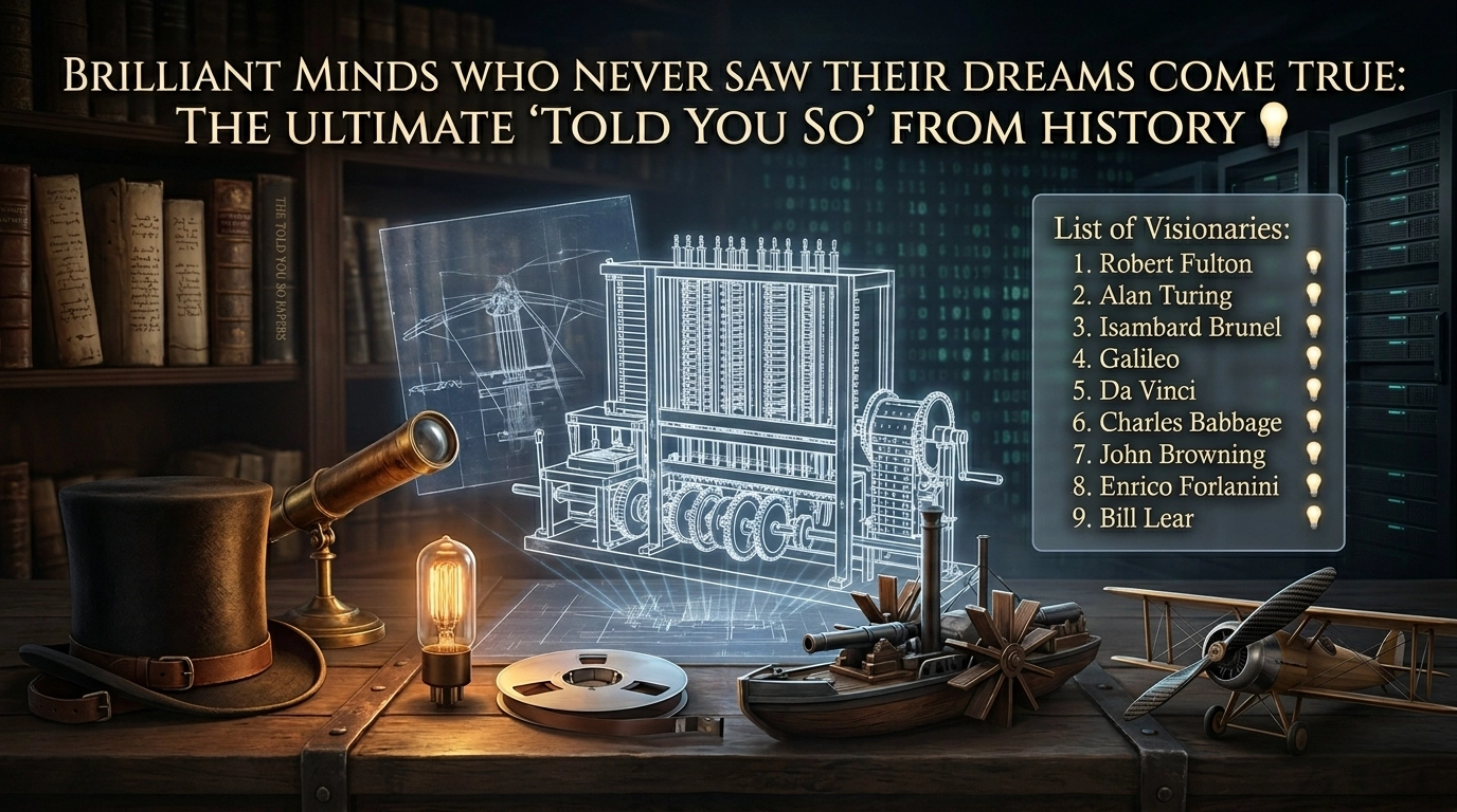 A cinematic wide-angle montage featuring a glowing 3D blueprint of Charles Babbage’s mechanical computer, surrounded by historical artifacts like a steam warship model, a Victorian top hat, a telescope, and a 1970s carbon fiber plane, set against a backdrop of a library and modern servers.