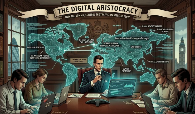 A high-stakes digital boardroom in London featuring a glowing holographic world map as "The World's Operating System." A central figure in a Savile Row suit oversees the "Dublin-London-Washington Triangle" while tech professionals work on laptops labeled "User" and "Admin," symbolizing the shift from physical empire to digital financial control. soft power