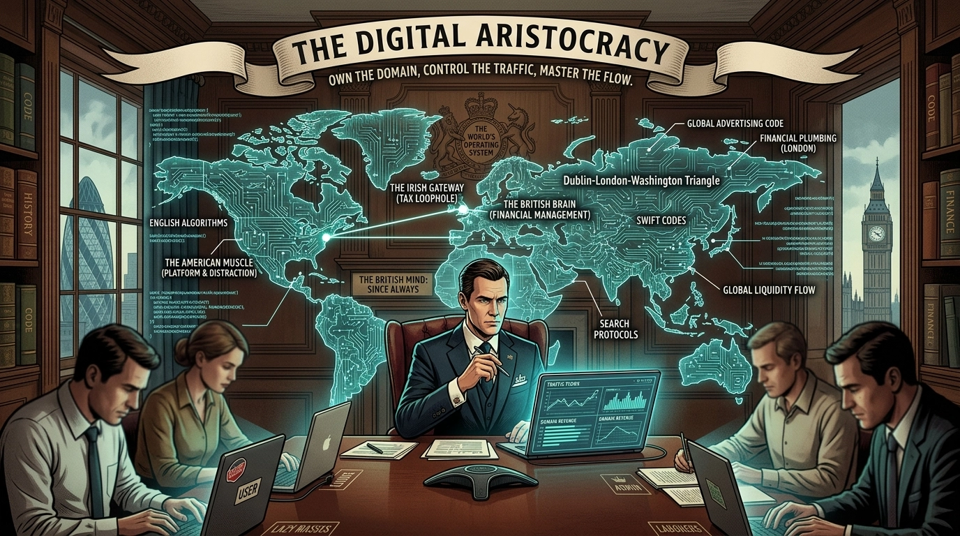 A high-stakes digital boardroom in London featuring a glowing holographic world map as "The World's Operating System." A central figure in a Savile Row suit oversees the "Dublin-London-Washington Triangle" while tech professionals work on laptops labeled "User" and "Admin," symbolizing the shift from physical empire to digital financial control. soft power