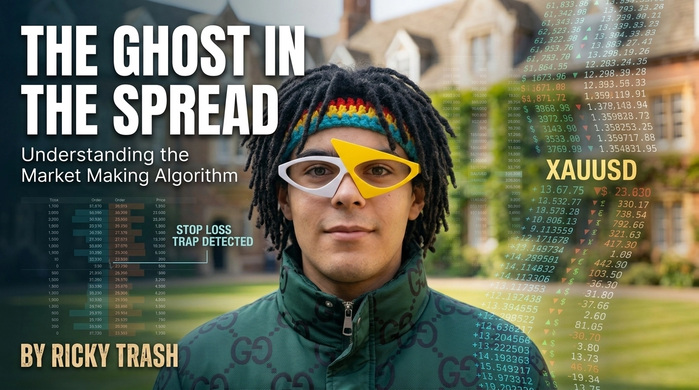 Ricky Trash wearing futuristic glasses in front of a trading data overlay about Market Making Algorithms and Gold XAUUSD.