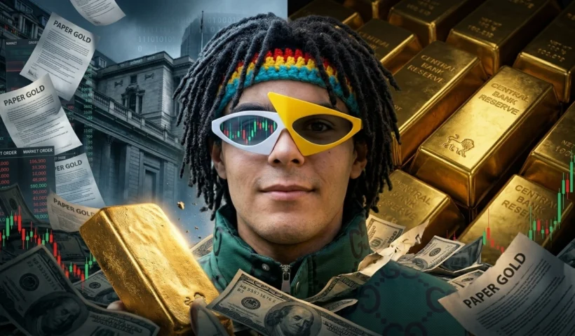A trader wearing geometric glasses stands between a background of a historic central bank vault with stacked physical gold bars, and a foreground of synthetic 'Paper Gold' contracts and volatile financial charts.