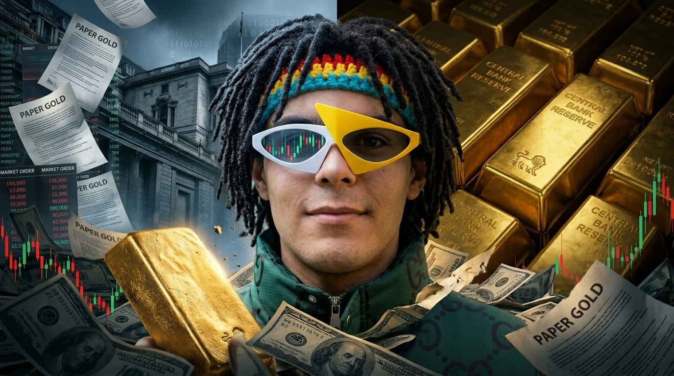 A trader wearing geometric glasses stands between a background of a historic central bank vault with stacked physical gold bars, and a foreground of synthetic 'Paper Gold' contracts and volatile financial charts.