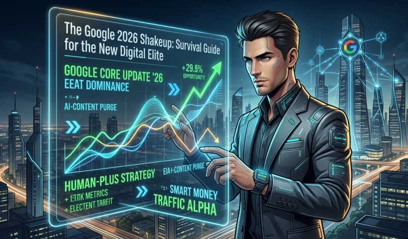 An illustration of digital strategist Ricky Trash interacting with a holographic display showing metrics like 'Google Core Update '26,' 'EEAT Dominance,' and 'Human-Plus Strategy,' set against a futuristic cityscape background.