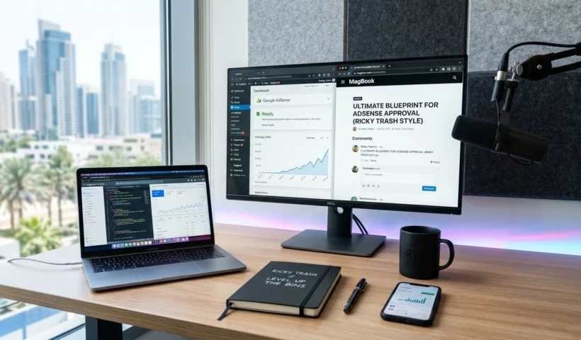 Professional workspace showing Google AdSense dashboard with a "Ready" status and MagBook theme blog titled Ultimate Blueprint for AdSense Approval.