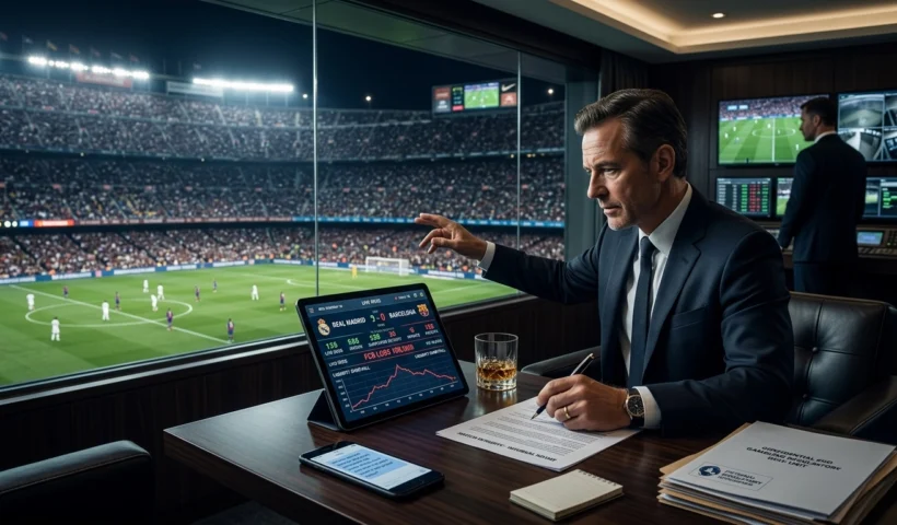 Conceptual image showing a hidden figure monitoring live sports betting odds and data streams, representing the influence of gambling syndicates on professional sports.