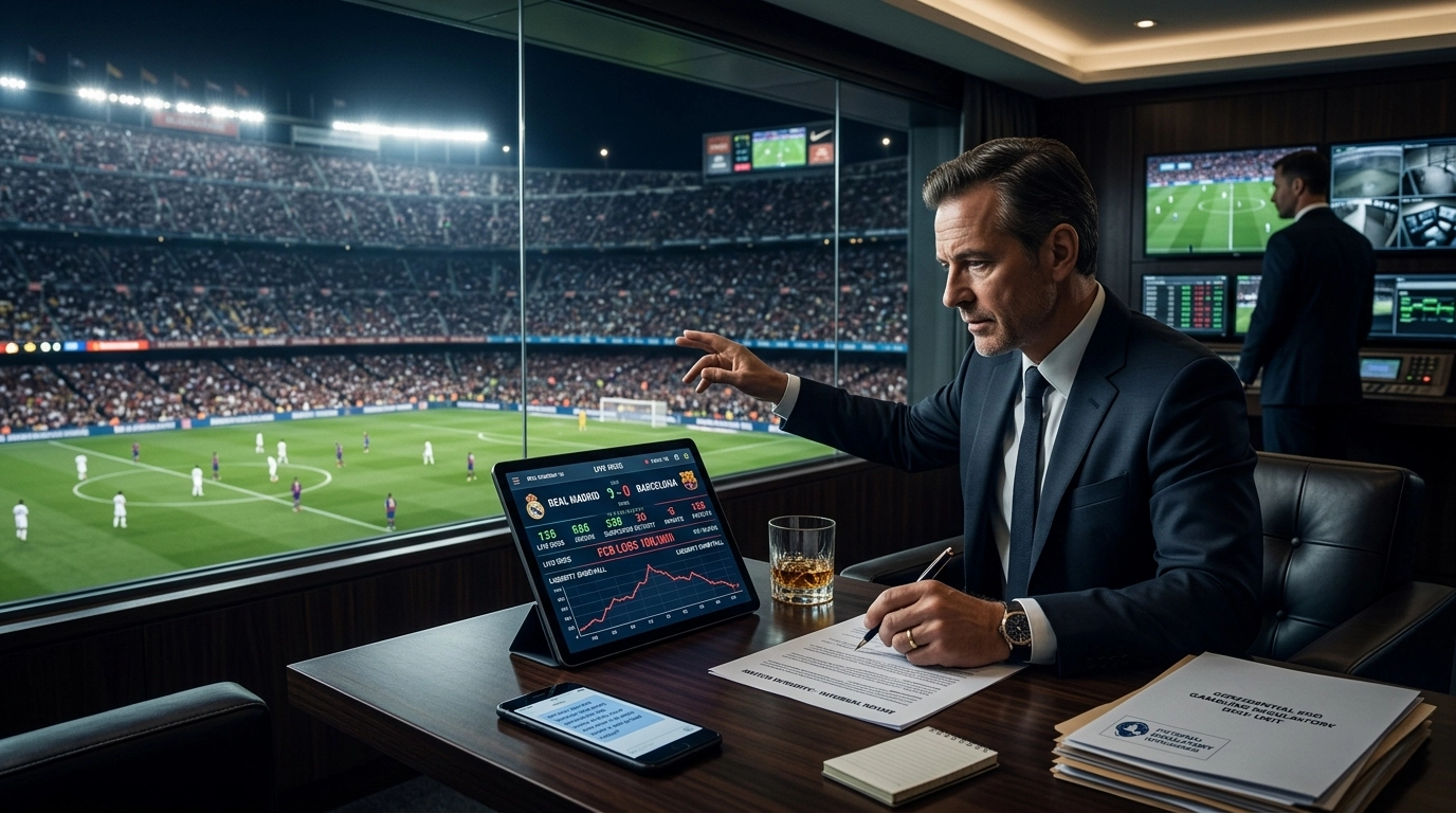 Conceptual image showing a hidden figure monitoring live sports betting odds and data streams, representing the influence of gambling syndicates on professional sports.
