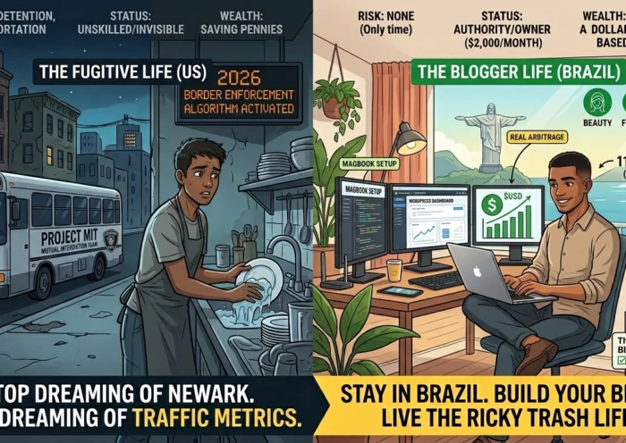 A comparative infographic split into two panels. Left: "The Fugitive Life (US)" in a dark city, showing a worried Brazilian immigrant washing dishes in a kitchen, a deportation bus, and text highlighting risks and low status. Right: "The Blogger Life (Brazil)" in a bright office with an ocean view, showing a smiling male Brazilian digital entrepreneur working on a laptop with dollar currency symbols, and text outlining a blueprint for earning 11,000 Reais ($2,000/month) through blogging in niche markets like Beauty and Agrotech. The bottom caption advises: "Stop dreaming of Newark. Start dreaming of traffic metrics. Stay in Brazil. Build your brand. Live the Ricky Trash life."