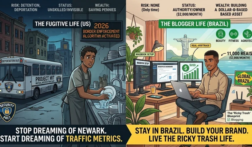 A comparative infographic split into two panels. Left: "The Fugitive Life (US)" in a dark city, showing a worried Brazilian immigrant washing dishes in a kitchen, a deportation bus, and text highlighting risks and low status. Right: "The Blogger Life (Brazil)" in a bright office with an ocean view, showing a smiling male Brazilian digital entrepreneur working on a laptop with dollar currency symbols, and text outlining a blueprint for earning 11,000 Reais ($2,000/month) through blogging in niche markets like Beauty and Agrotech. The bottom caption advises: "Stop dreaming of Newark. Start dreaming of traffic metrics. Stay in Brazil. Build your brand. Live the Ricky Trash life."