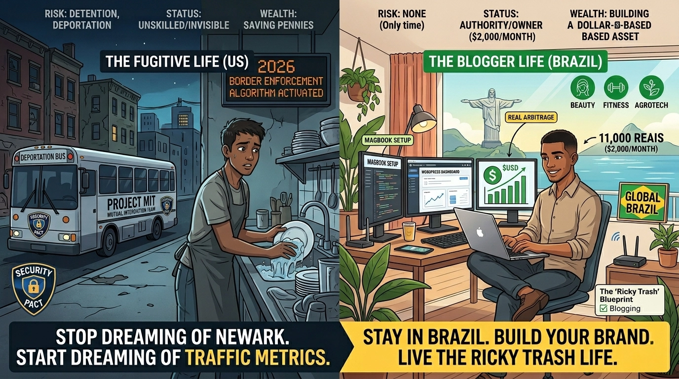 A comparative infographic split into two panels. Left: "The Fugitive Life (US)" in a dark city, showing a worried Brazilian immigrant washing dishes in a kitchen, a deportation bus, and text highlighting risks and low status. Right: "The Blogger Life (Brazil)" in a bright office with an ocean view, showing a smiling male Brazilian digital entrepreneur working on a laptop with dollar currency symbols, and text outlining a blueprint for earning 11,000 Reais ($2,000/month) through blogging in niche markets like Beauty and Agrotech. The bottom caption advises: "Stop dreaming of Newark. Start dreaming of traffic metrics. Stay in Brazil. Build your brand. Live the Ricky Trash life."
