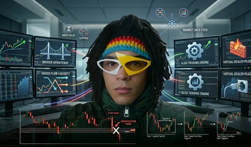 Conceptual illustration of the MetaTrader Virtual Dealer plug-in interface showing broker-side settings for slippage, execution delays, and artificial price spikes.