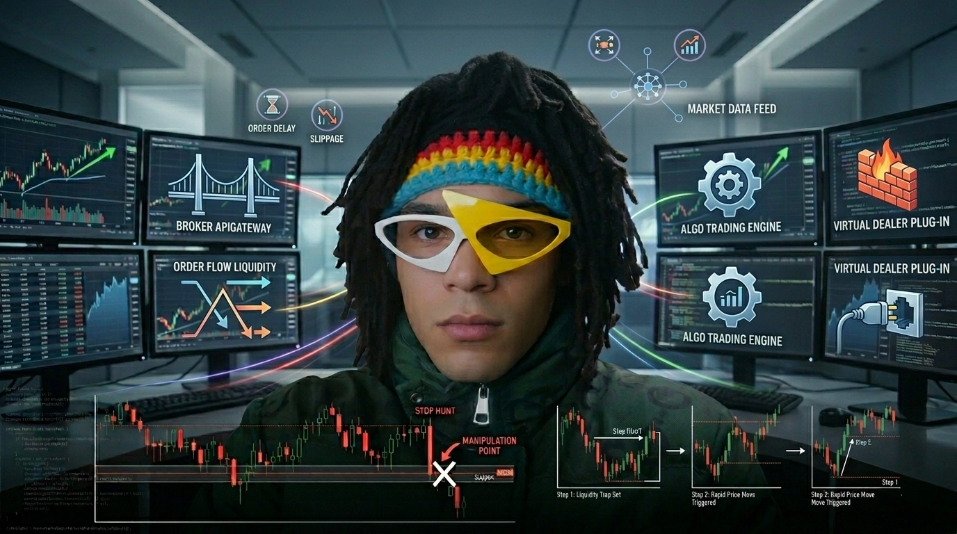 Conceptual illustration of the MetaTrader Virtual Dealer plug-in interface showing broker-side settings for slippage, execution delays, and artificial price spikes.