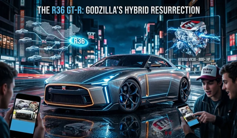 A sleek, futuristic silver Nissan GT-R R36 concept car with neon blue and orange light accents parked on a wet street in Tokyo at night, flanked by people with smartphones and a complex hologram showing the car's 800+ HP hybrid engine.