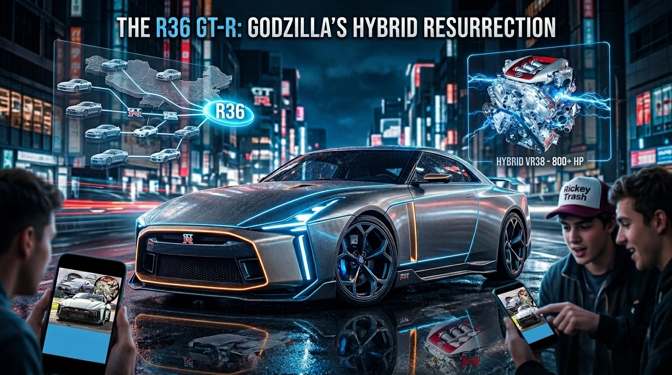 A sleek, futuristic silver Nissan GT-R R36 concept car with neon blue and orange light accents parked on a wet street in Tokyo at night, flanked by people with smartphones and a complex hologram showing the car's 800+ HP hybrid engine.