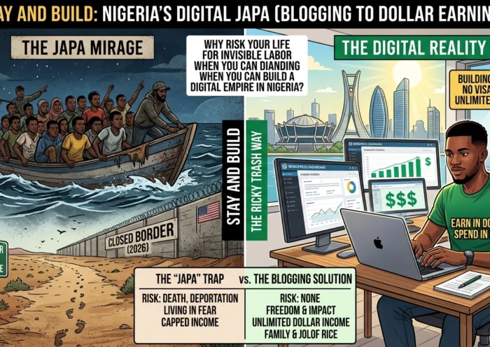 A two-part illustration. On the left, "The Japa Mirage" shows African migrants in a overcrowded boat and a border wall, labeled as dangerous and a trap. On the right, "The Digital Reality" depicts a young Nigerian man successfully working on a laptop in Lagos, making dollars through a WordPress blogging dashboard.