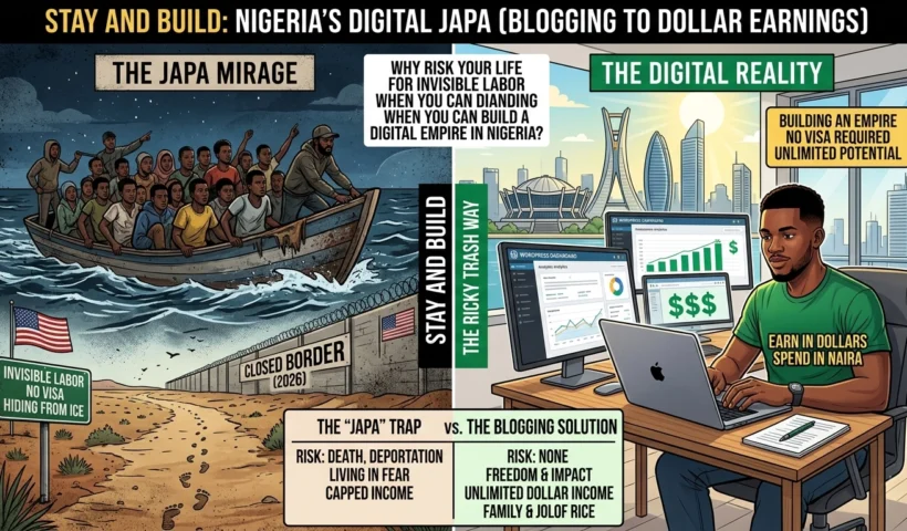 A two-part illustration. On the left, "The Japa Mirage" shows African migrants in a overcrowded boat and a border wall, labeled as dangerous and a trap. On the right, "The Digital Reality" depicts a young Nigerian man successfully working on a laptop in Lagos, making dollars through a WordPress blogging dashboard.