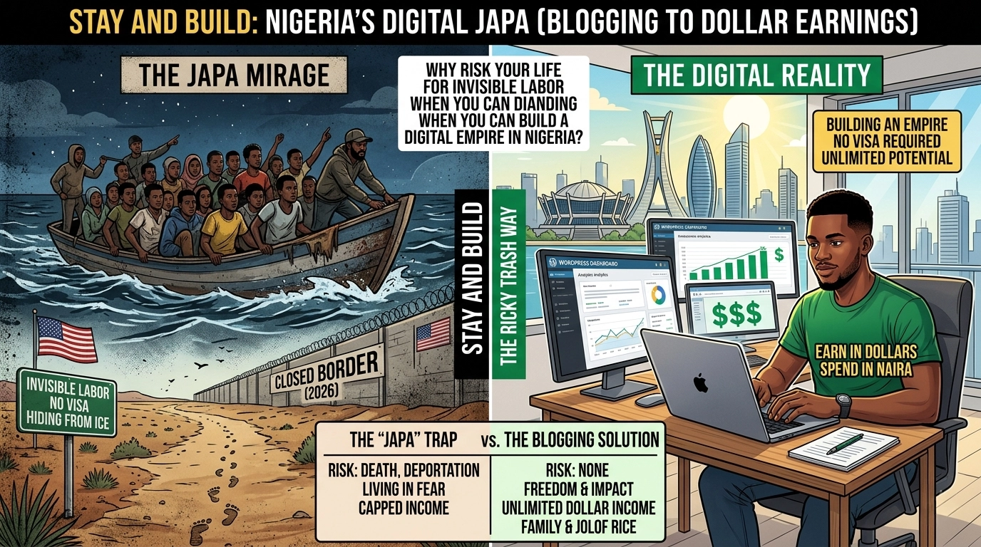 A two-part illustration. On the left, "The Japa Mirage" shows African migrants in a overcrowded boat and a border wall, labeled as dangerous and a trap. On the right, "The Digital Reality" depicts a young Nigerian man successfully working on a laptop in Lagos, making dollars through a WordPress blogging dashboard.