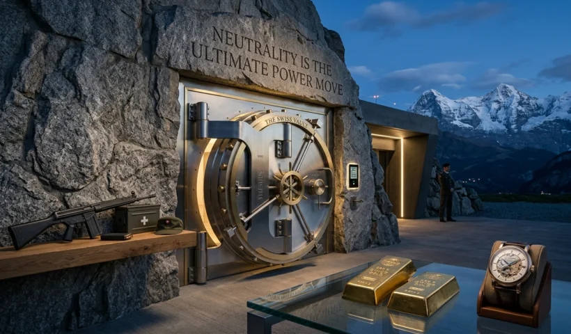 A massive circular steel vault door embedded in the Swiss Alps granite mountainside with gold bars, a luxury Swiss watch, and a military rifle, representing Swiss neutrality and wealth.