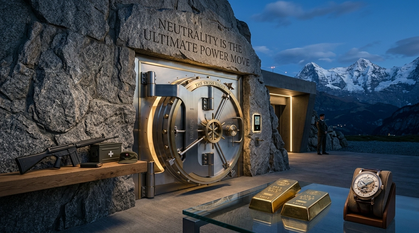 A massive circular steel vault door embedded in the Swiss Alps granite mountainside with gold bars, a luxury Swiss watch, and a military rifle, representing Swiss neutrality and wealth.