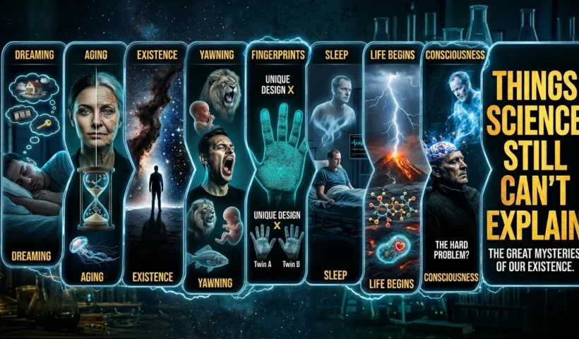 A high-aesthetic cinematic infographic detailing 8 mysteries science cannot explain, including dreaming, aging, consciousness, and the origin of life, in a dark laboratory setting.