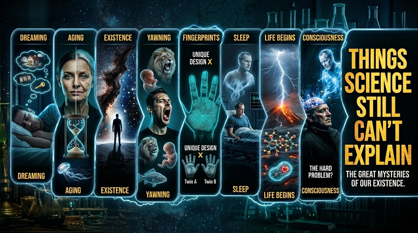 A high-aesthetic cinematic infographic detailing 8 mysteries science cannot explain, including dreaming, aging, consciousness, and the origin of life, in a dark laboratory setting.