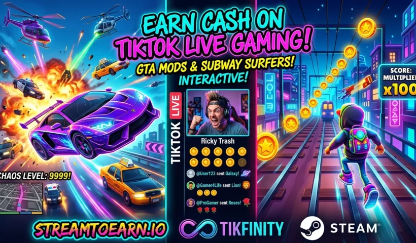 A vibrant split-screen graphic showing GTA 5 chaos mods with flying cars and Subway Surfers interactive gameplay with TikTok gift alerts and the Ricky Trash branding.