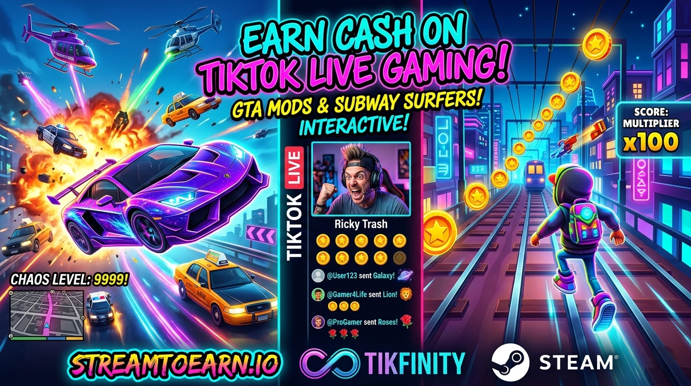 A vibrant split-screen graphic showing GTA 5 chaos mods with flying cars and Subway Surfers interactive gameplay with TikTok gift alerts and the Ricky Trash branding.