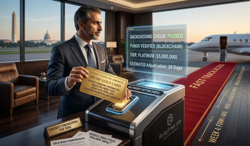 A conceptual image of the "Trump Gold Card" fast-track immigration program. A businessman in a high-end airport lounge is inserting a large, gold-plated card engraved with "TRUMP GOLD CARD: PREMIUM CONTRIBUTOR" into a prioritized vetting scanner. A holographic display confirms funds verification for the $5 million "Platinum Tier." The background shows the Washington Monument, U.S. Capitol, and a private jet on a red carpet.