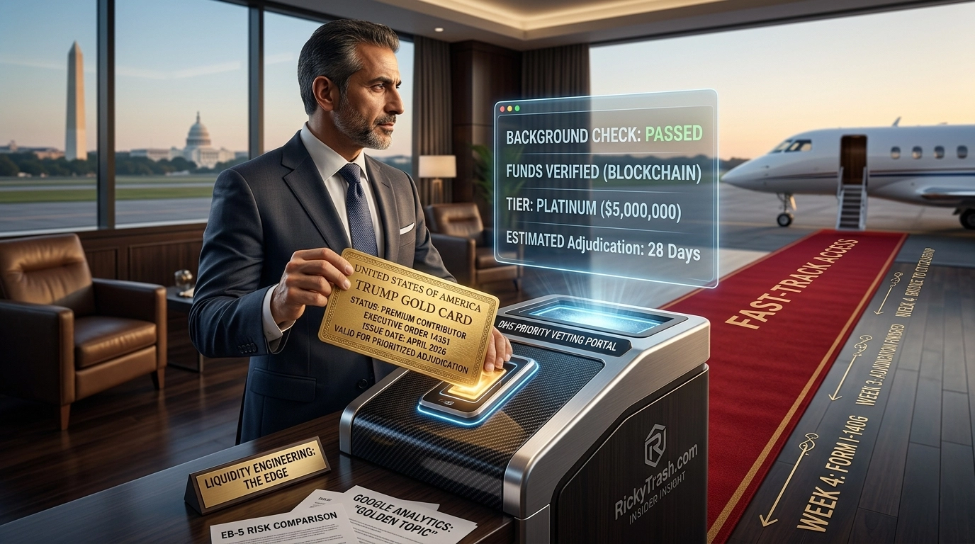 A conceptual image of the "Trump Gold Card" fast-track immigration program. A businessman in a high-end airport lounge is inserting a large, gold-plated card engraved with "TRUMP GOLD CARD: PREMIUM CONTRIBUTOR" into a prioritized vetting scanner. A holographic display confirms funds verification for the $5 million "Platinum Tier." The background shows the Washington Monument, U.S. Capitol, and a private jet on a red carpet.