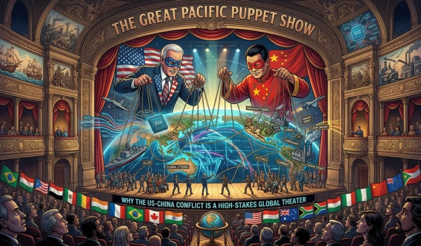An editorial illustration set in a grand opera house titled "The Great Pacific Puppet Show." On the main stage, massive figures of the US President and Chinese President wear masked capes and actively pull strings that connect to a map of the world. Their hands manipulate a chaotic tangle of puppets and icons representing global trade, advanced technology, AI, maritime security, and economy across the continents. Beneath the stage, a large, diverse audience with flags from many nations watches the performance, symbolizing the global impact of their rivalry.Why the US-China Conflict is a High-Stakes Global Theater