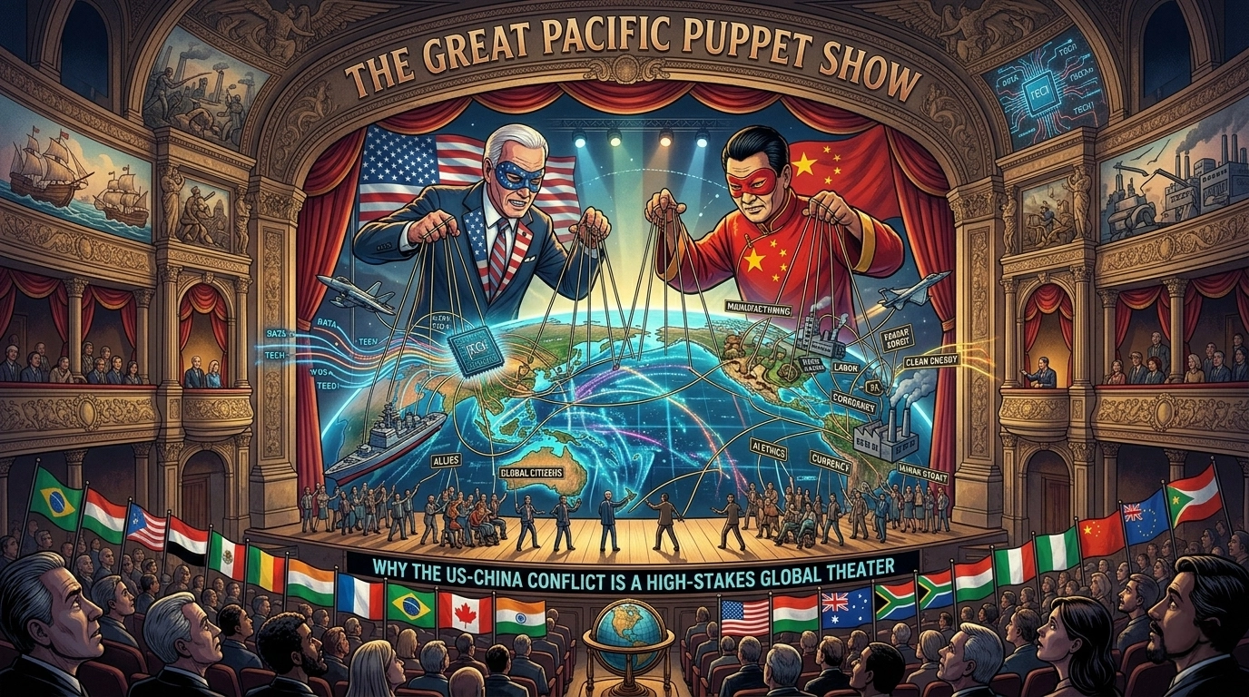 An editorial illustration set in a grand opera house titled "The Great Pacific Puppet Show." On the main stage, massive figures of the US President and Chinese President wear masked capes and actively pull strings that connect to a map of the world. Their hands manipulate a chaotic tangle of puppets and icons representing global trade, advanced technology, AI, maritime security, and economy across the continents. Beneath the stage, a large, diverse audience with flags from many nations watches the performance, symbolizing the global impact of their rivalry.Why the US-China Conflict is a High-Stakes Global Theater