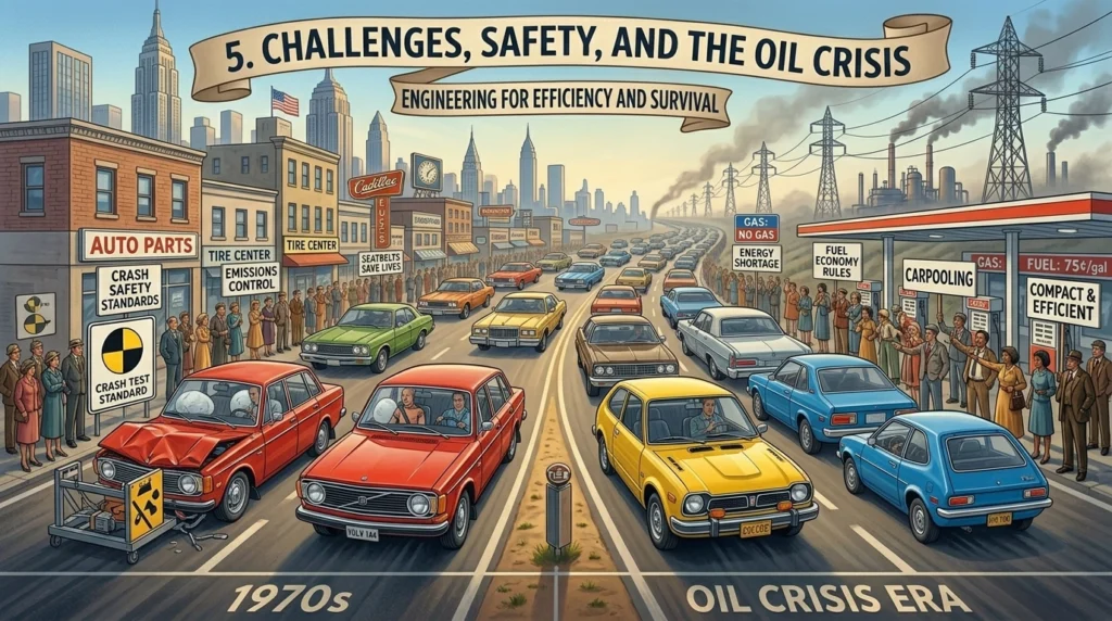 An illustrative comparison of the history of the automobile during the 1970s oil crisis, showing crash test standards and airbags on the left and fuel shortages with compact, efficient cars at gas stations on the right.