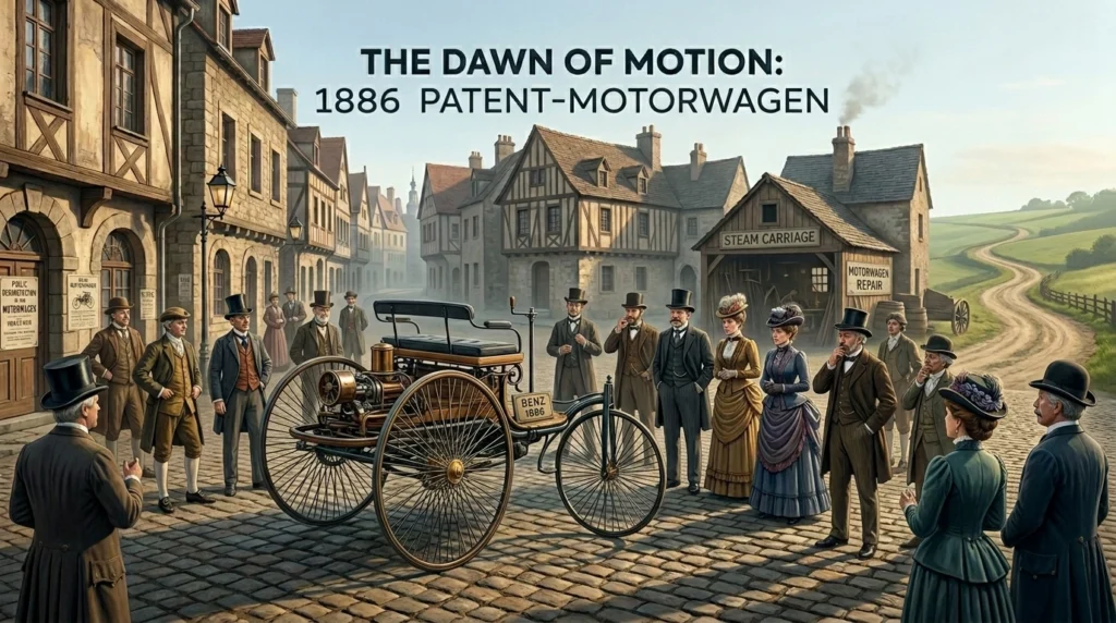 The 1886 Benz Patent-Motorwagen, the world's first stationary gasoline engine car, displayed on a 19th-century European street with onlookers in Victorian attire.