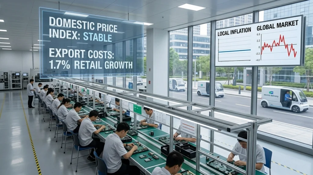 Inside a modern electronics factory in Shenzhen, China. A large digital display shows "DOMESTIC PRICE INDEX: STABLE" and "EXPORT COSTS: 1.7% RETAIL GROWTH." Automated delivery vehicles operate in clean streets outside. The scene illustrates China's unique position in the **China Manufacturing Cost Index** narrative, maintaining stability amidst global economic fluctuation.
