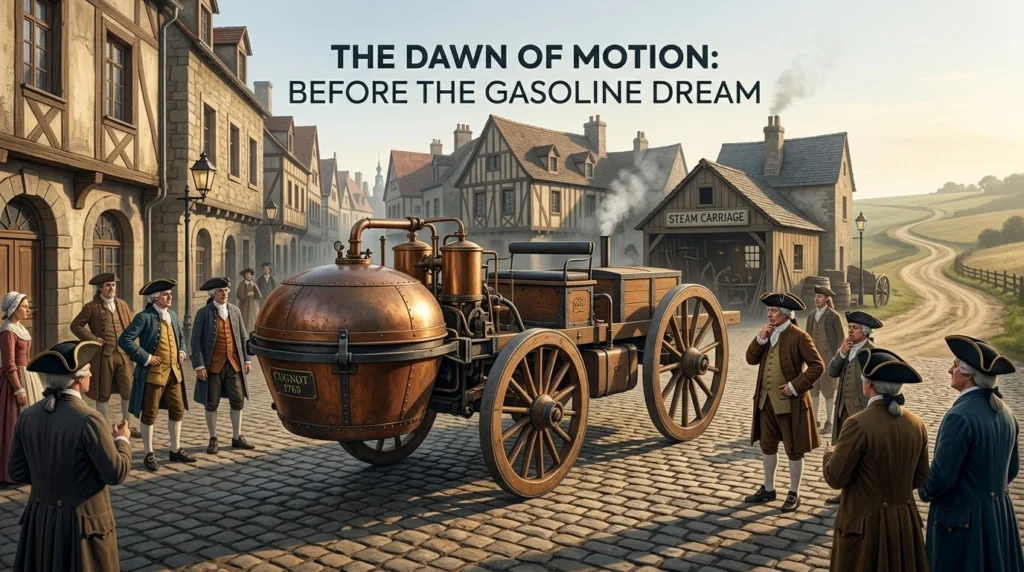A historical illustration of Nicolas-Joseph Cugnot's 1769 steam-powered carriage on a cobblestone street, surrounded by 18th-century French people in period clothing.