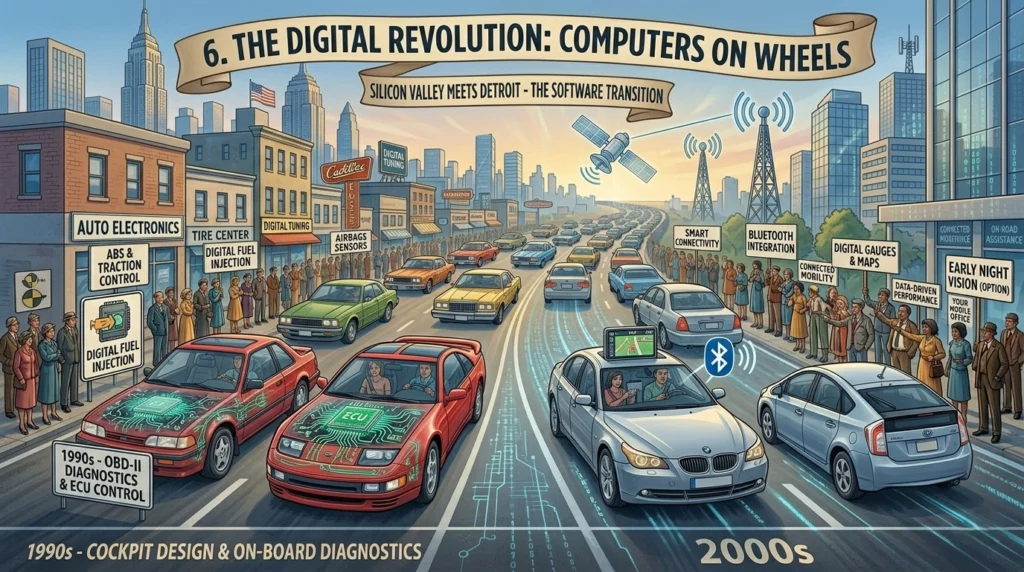 An illustrative timeline showing the history of the automobile from 1990s OBD-II diagnostics and ECU control to 2000s smart connectivity, Bluetooth integration, and early GPS maps.