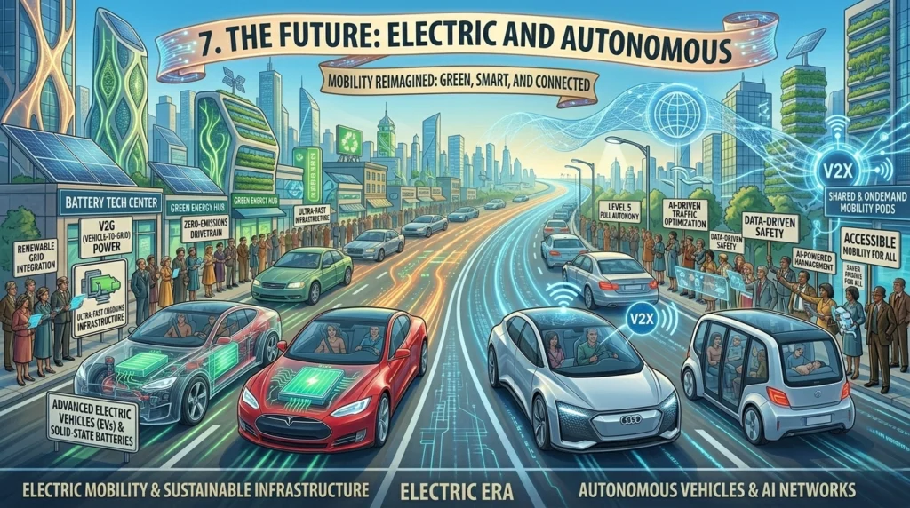 An illustrative vision of the history of the automobile's future, featuring sleek autonomous electric concept cars driving through a sustainable, connected smart city with clean energy infrastructure.