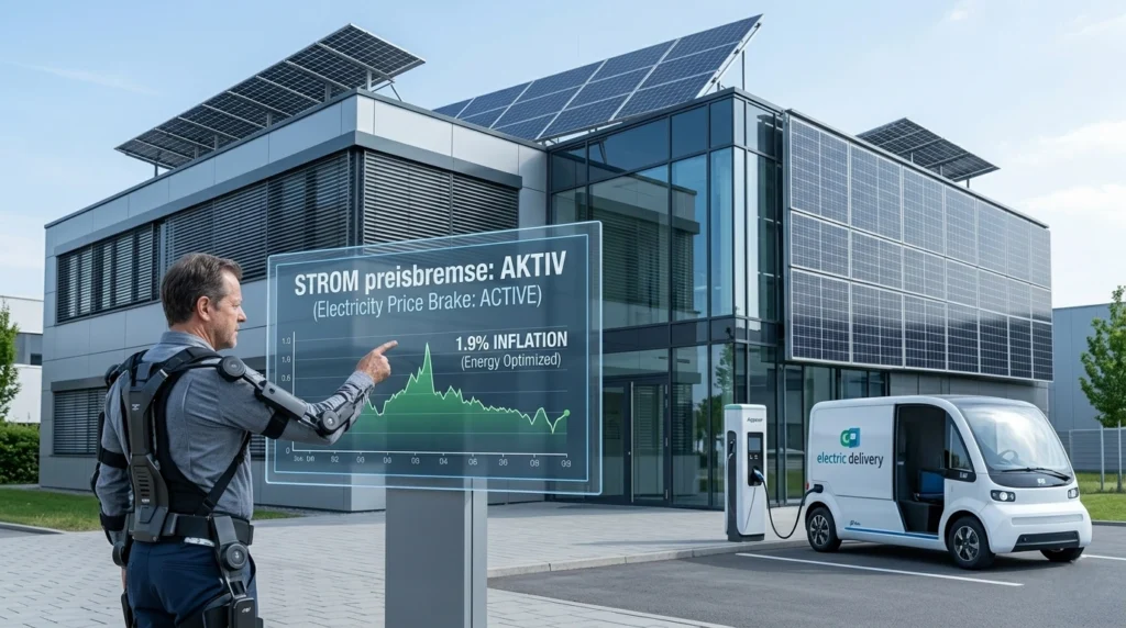 A German engineer using a sophisticated digital interface to monitor **Industrial Energy Efficiency** data within a solar-integrated manufacturing facility. The screen displays the "Electricity Price Brake" (Strompreisbremse) system and a stable energy inflation rate of 1.9%, showcasing Germany's 2026 leadership in operational cost reduction.