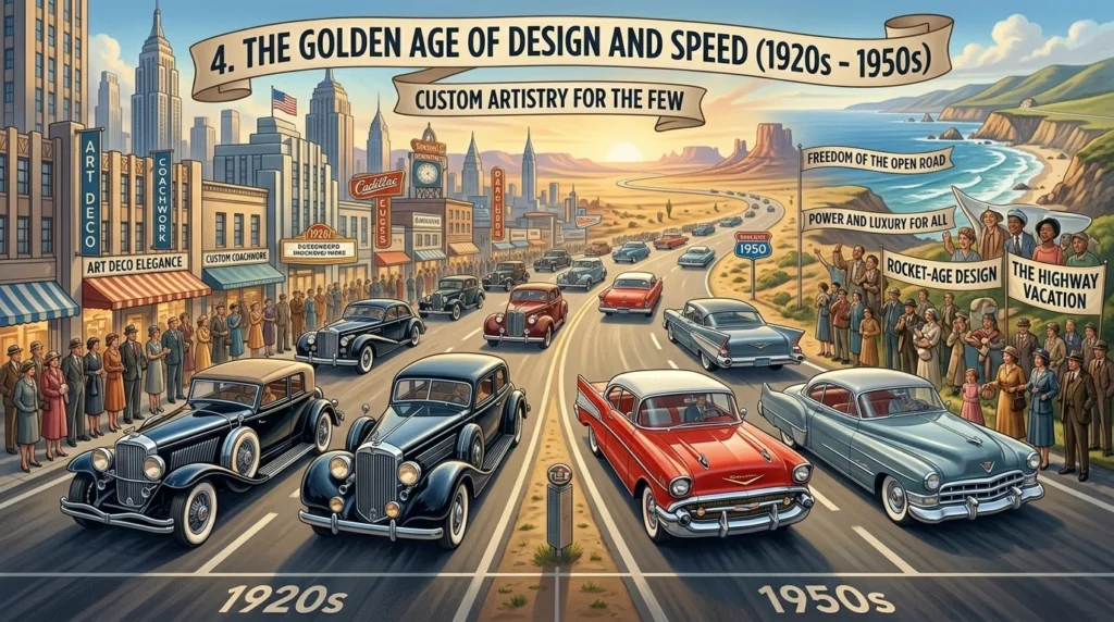 A visual comparison of the history of the automobile between the 1920s and 1950s, featuring Art Deco luxury cars, custom coachwork, and rocket-age 1950s vehicles with tail fins on a coastal highway.