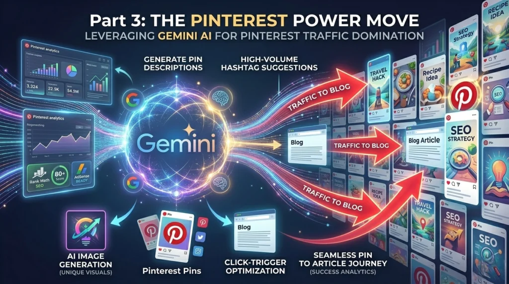 Infographic showing how Google Gemini AI generates optimized Pinterest pins and descriptions to drive blog traffic.