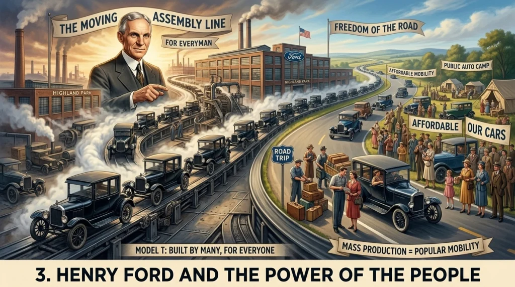 An illustrative timeline showing Henry Ford pointing, the moving assembly line at the Highland Park plant, and a diverse crowd of people celebrating affordable mobility with Model T cars and banners like 'Freedom of the Road'.
